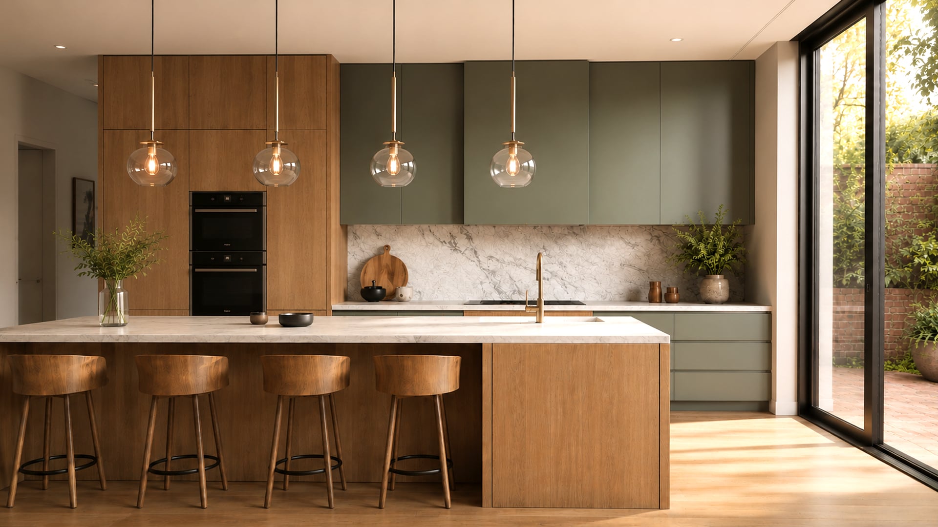 Luxury olive bronze handleless kitchen with smoked oak island, marble worktops, brass tap and contemporary pendant lighting.