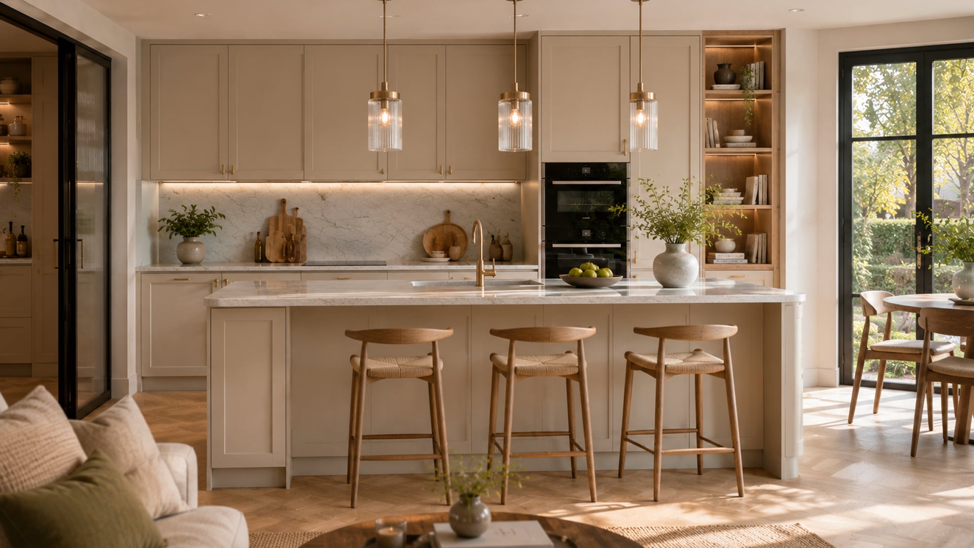 Luxury warm cashmere shaker kitchen with natural oak shelving, quartz island, brass tap and open-plan dining space.