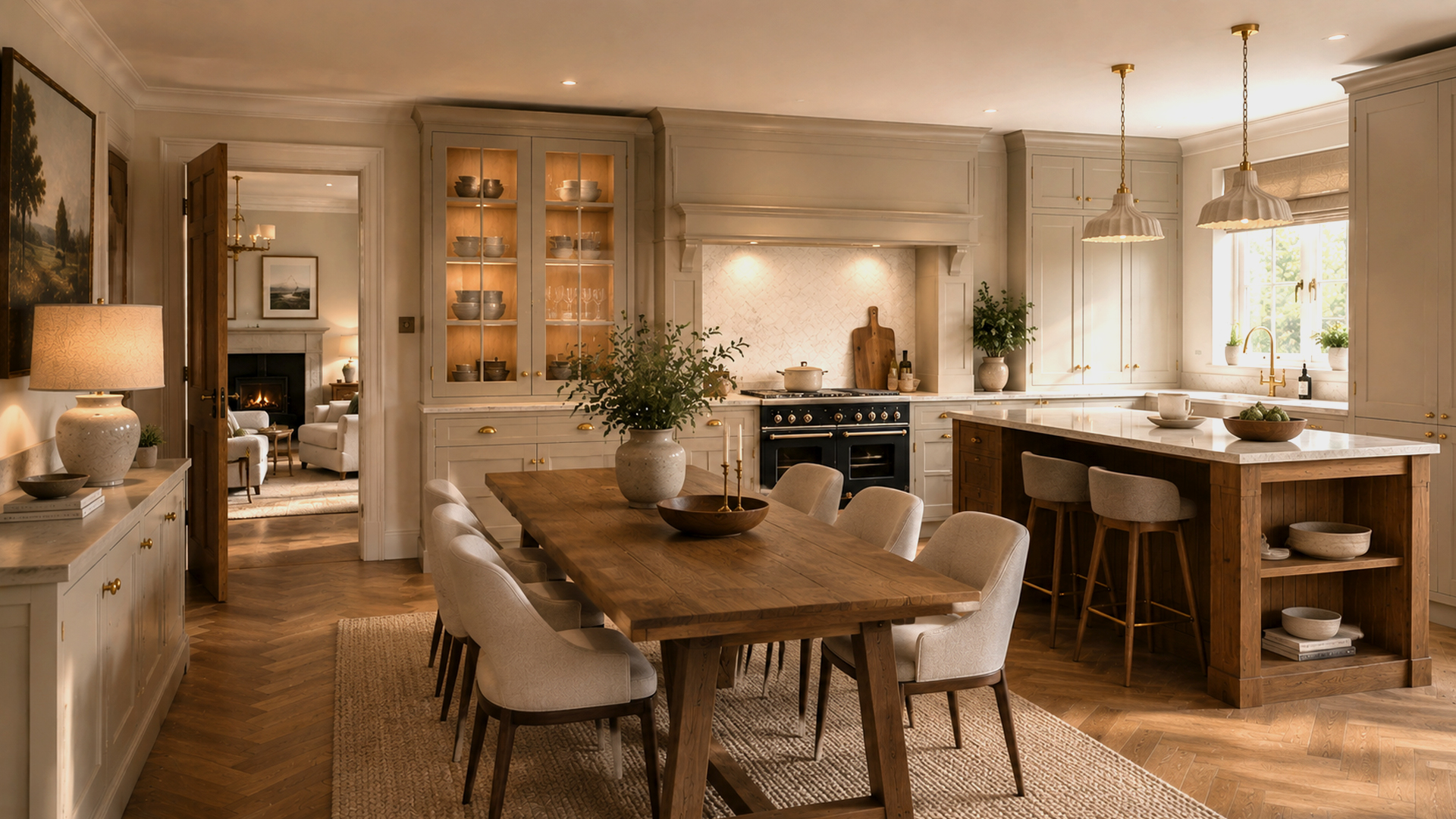 Luxury Wolfstone Leigh Heritage Collection kitchen featuring contemporary in-frame cabinetry, handcrafted walnut island, glazed dresser cabinets, warm ivory quartz worktops and open-plan family dining.