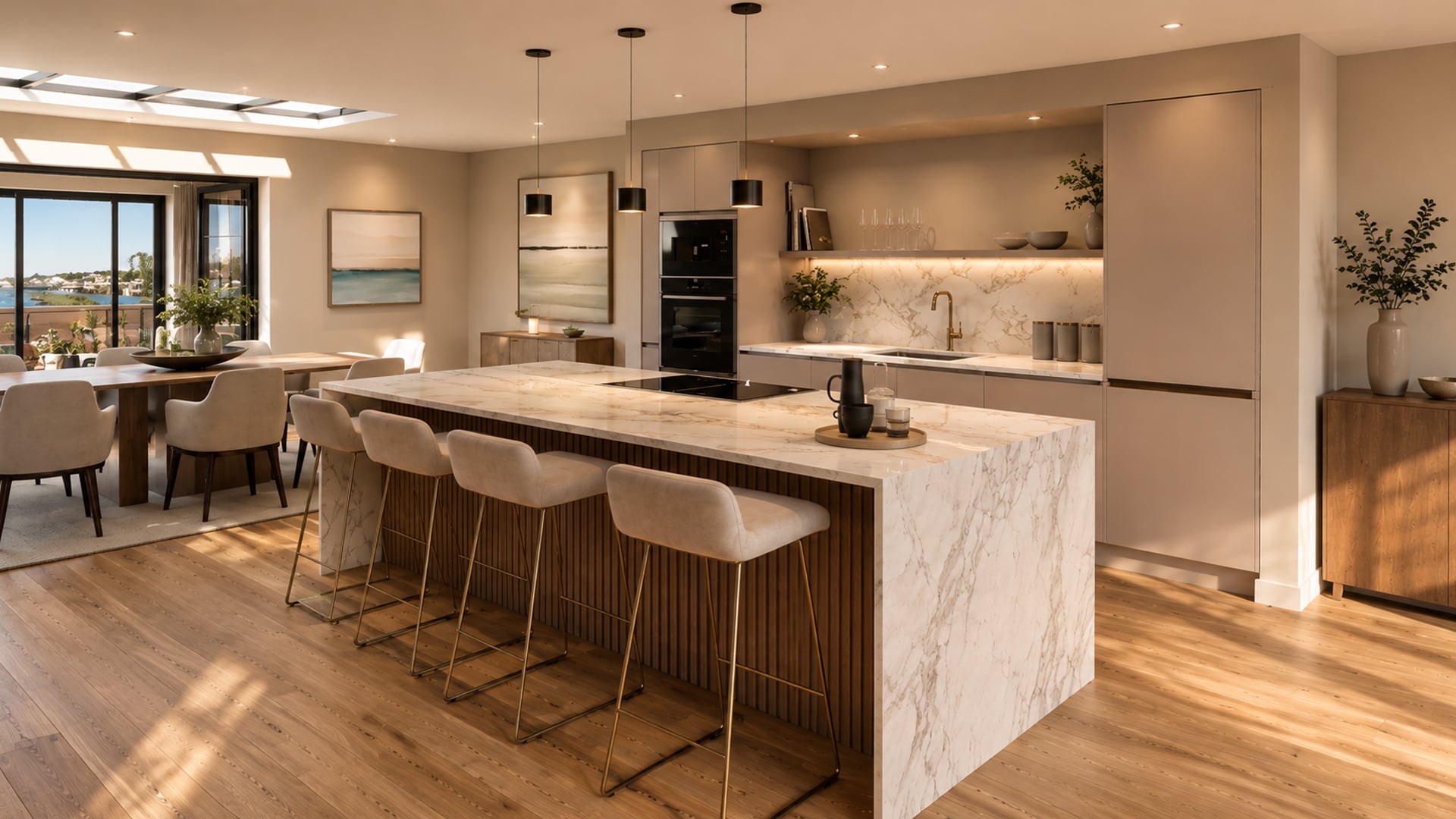 Luxury open-plan Wolfstone Leigh kitchen featuring a waterfall marble island, handleless cashmere cabinetry, premium integrated appliances and warm contemporary styling.
