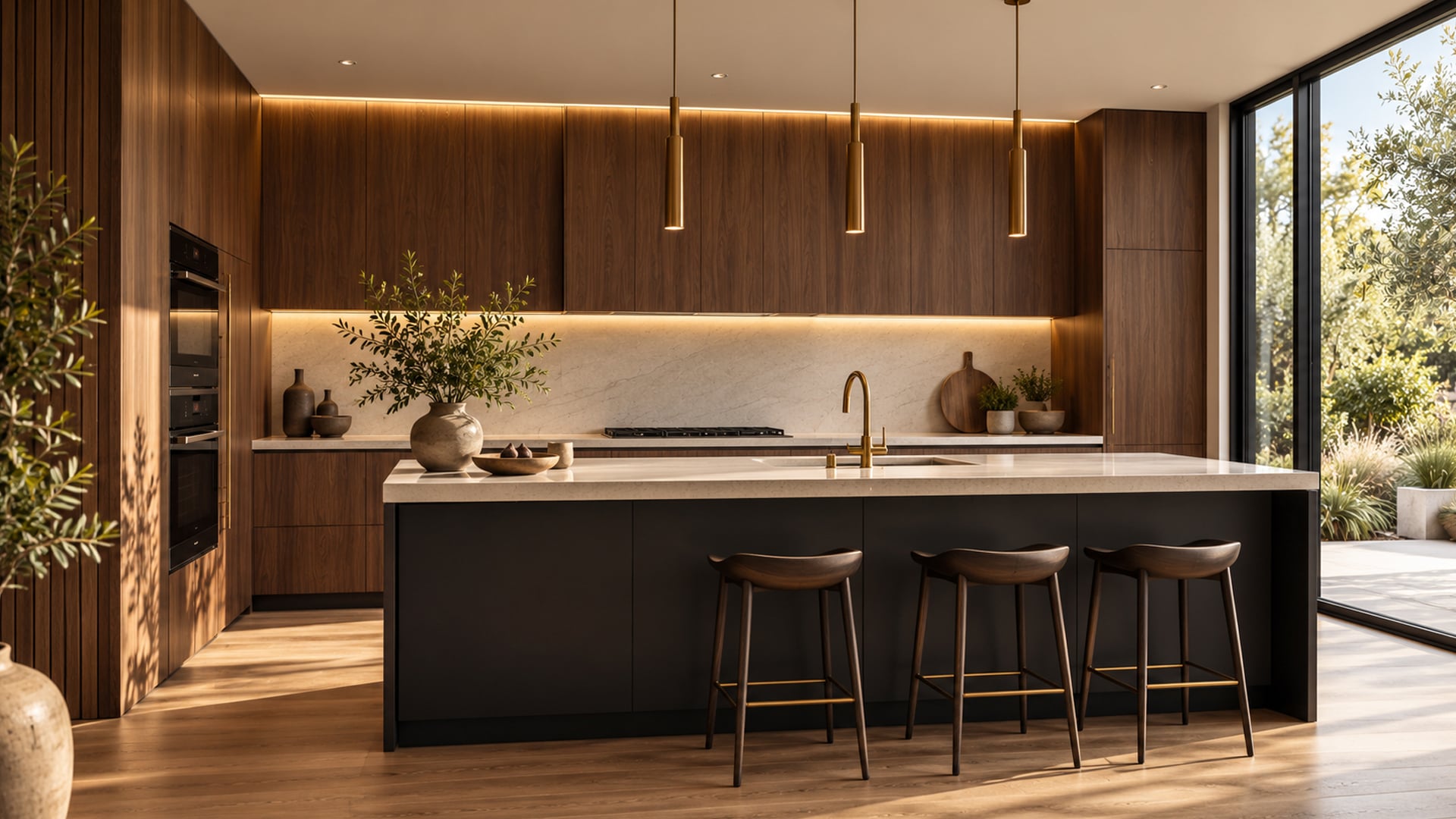 Contemporary kitchen with rich walnut cabinetry, dark island, pale stone worktops, brass lighting and large garden-facing windows.